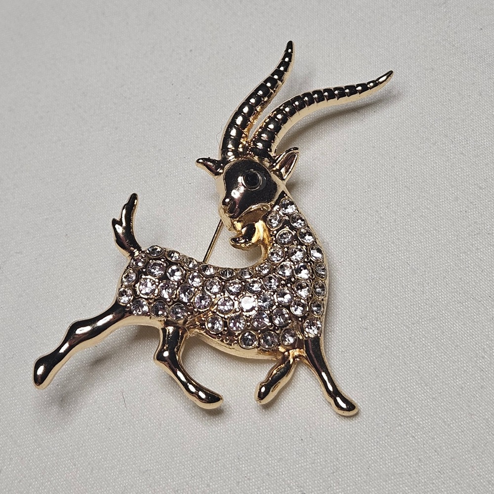 Gazelle Brooch Women OS Gold Rhinestone Antelope‎ Animal Pin Vintage Style